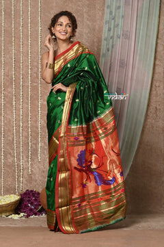 Tyohaar ~ Signature Weave! Handloom Pure Silk Paithani Saree with Handcrafted Peacock Pallu ~ Royal Green - verymuchindian.com