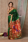 Tyohaar ~ Signature Weave! Handloom Pure Silk Paithani Saree with Handcrafted Peacock Pallu ~ Royal Green - verymuchindian.com