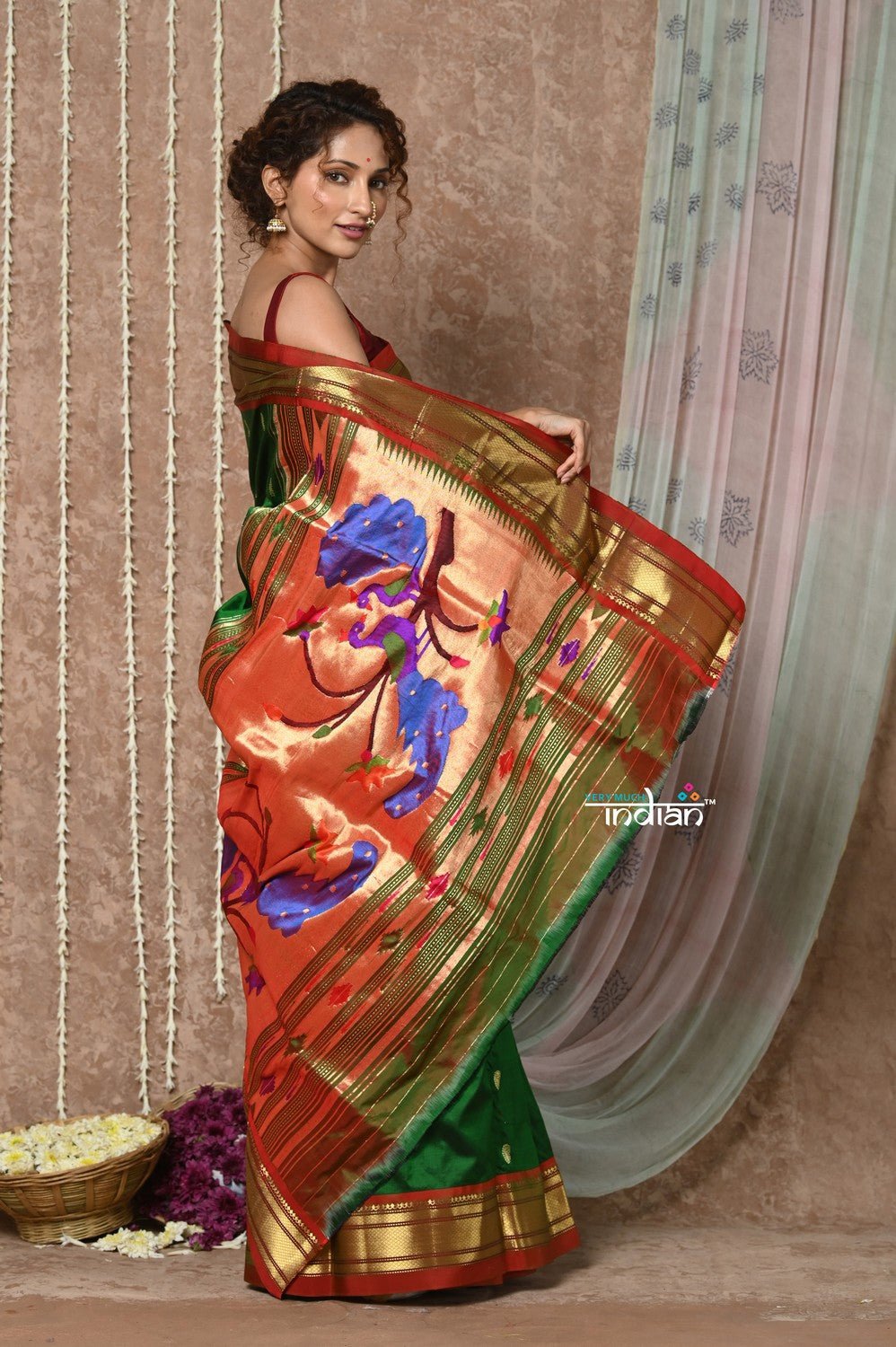 Tyohaar ~ Signature Weave! Handloom Pure Silk Paithani Saree with Handcrafted Peacock Pallu ~ Royal Green - verymuchindian.com