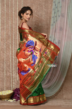 Tyohaar ~ Signature Weave! Handloom Pure Silk Paithani Saree with Handcrafted Peacock Pallu ~ Royal Green - verymuchindian.com