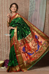 Tyohaar ~ Signature Weave! Handloom Pure Silk Paithani Saree with Handcrafted Peacock Pallu ~ Royal Green - verymuchindian.com