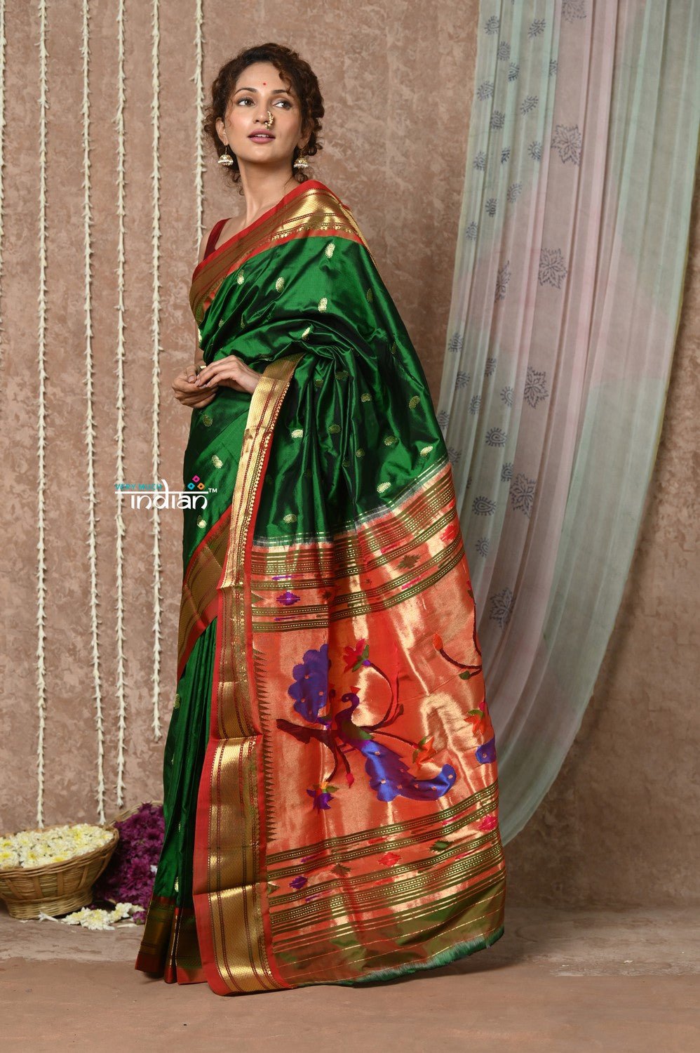Tyohaar ~ Signature Weave! Handloom Pure Silk Paithani Saree with Handcrafted Peacock Pallu ~ Royal Green - verymuchindian.com