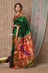 Tyohaar ~ Signature Weave! Handloom Pure Silk Paithani Saree with Handcrafted Peacock Pallu ~ Royal Green - verymuchindian.com
