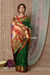 Tyohaar ~ Signature Weave! Handloom Pure Silk Paithani Saree with Handcrafted Peacock Pallu ~ Royal Green - verymuchindian.com