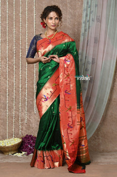 Tyohaar ~ Signature Weave! Handloom Pure Silk Paithani Saree with Handcrafted Peacock Parrot Zari Border ~ Royal Green (AVAILABLE IN PARROT PALLU) - verymuchindian.com