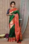 Tyohaar ~ Signature Weave! Handloom Pure Silk Paithani Saree with Handcrafted Peacock Parrot Zari Border ~ Royal Green (AVAILABLE IN PARROT PALLU) - verymuchindian.com