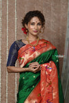 Tyohaar ~ Signature Weave! Handloom Pure Silk Paithani Saree with Handcrafted Peacock Parrot Zari Border ~ Royal Green (AVAILABLE IN PARROT PALLU) - verymuchindian.com