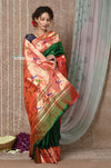 Tyohaar ~ Signature Weave! Handloom Pure Silk Paithani Saree with Handcrafted Peacock Parrot Zari Border ~ Royal Green (AVAILABLE IN PARROT PALLU) - verymuchindian.com