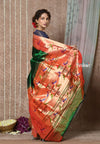 Tyohaar ~ Signature Weave! Handloom Pure Silk Paithani Saree with Handcrafted Peacock Parrot Zari Border ~ Royal Green (AVAILABLE IN PARROT PALLU) - verymuchindian.com