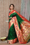 Tyohaar ~ Signature Weave! Handloom Pure Silk Paithani Saree with Handcrafted Peacock Parrot Zari Border ~ Royal Green (AVAILABLE IN PARROT PALLU) - verymuchindian.com