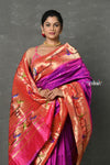 Tyohaar ~ Signature Weave! Handloom Pure Silk Paithani Saree with Handcrafted Peacock Parrot Zari Border ~ Royal Purple - verymuchindian.com