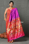 Tyohaar ~ Signature Weave! Handloom Pure Silk Paithani Saree with Handcrafted Peacock Parrot Zari Border ~ Royal Purple - verymuchindian.com
