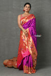 Tyohaar ~ Signature Weave! Handloom Pure Silk Paithani Saree with Handcrafted Peacock Parrot Zari Border ~ Royal Purple - verymuchindian.com