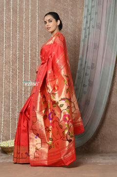 Tyohaar ~ Signature Weave! Handloom Pure Silk Paithani Saree with Handcrafted Traditional Floral Bageecha Pallu ~ Bright Red - verymuchindian.com
