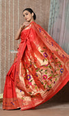 Tyohaar ~ Signature Weave! Handloom Pure Silk Paithani Saree with Handcrafted Traditional Floral Bageecha Pallu ~ Bright Red - verymuchindian.com
