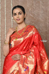 Tyohaar ~ Signature Weave! Handloom Pure Silk Paithani Saree with Handcrafted Traditional Floral Bageecha Pallu ~ Bright Red - verymuchindian.com