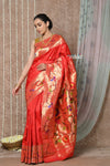 Tyohaar ~ Signature Weave! Handloom Pure Silk Paithani Saree with Handcrafted Traditional Floral Bageecha Pallu ~ Bright Red - verymuchindian.com