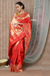 Tyohaar ~ Signature Weave! Handloom Pure Silk Paithani Saree with Handcrafted Traditional Floral Bageecha Pallu ~ Bright Red - verymuchindian.com