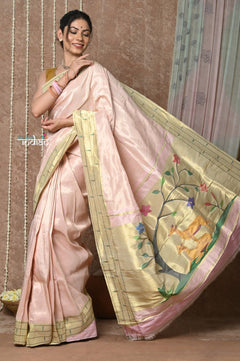 Tyohaar Signature Weave~ Handloom Pure Silk Triple Muniya Border Brocade Paithani Saree with Handcrafted Deer Pallu ~ Ivory - verymuchindian.com
