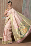 Tyohaar Signature Weave~ Handloom Pure Silk Triple Muniya Border Brocade Paithani Saree with Handcrafted Deer Pallu ~ Ivory - verymuchindian.com