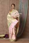 Tyohaar Signature Weave~ Handloom Pure Silk Triple Muniya Border Brocade Paithani Saree with Handcrafted Deer Pallu ~ Ivory - verymuchindian.com
