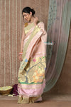 Tyohaar Signature Weave~ Handloom Pure Silk Triple Muniya Border Brocade Paithani Saree with Handcrafted Deer Pallu ~ Ivory - verymuchindian.com