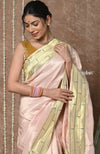 Tyohaar Signature Weave~ Handloom Pure Silk Triple Muniya Border Brocade Paithani Saree with Handcrafted Deer Pallu ~ Ivory - verymuchindian.com