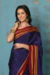 Tyohaar ~ Traditional Handloom Navy Blue Ilkal Cotton Viscose with Red Pure Silk Pallu - verymuchindian.com