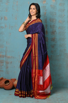 Tyohaar ~ Traditional Handloom Navy Blue Ilkal Cotton Viscose with Red Pure Silk Pallu - verymuchindian.com