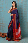 Tyohaar ~ Traditional Handloom Navy Blue Ilkal Cotton Viscose with Red Pure Silk Pallu - verymuchindian.com