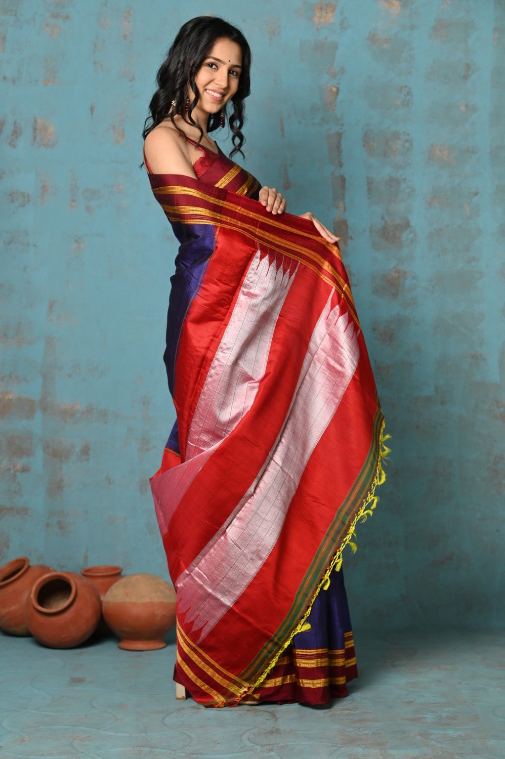 Tyohaar ~ Traditional Handloom Navy Blue Ilkal Cotton Viscose with Red Pure Silk Pallu - verymuchindian.com