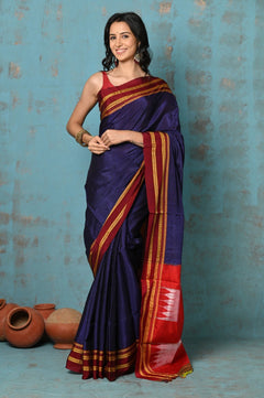Tyohaar ~ Traditional Handloom Navy Blue Ilkal Cotton Viscose with Red Pure Silk Pallu - verymuchindian.com