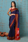 Tyohaar ~ Traditional Handloom Navy Blue Ilkal Cotton Viscose with Red Pure Silk Pallu - verymuchindian.com