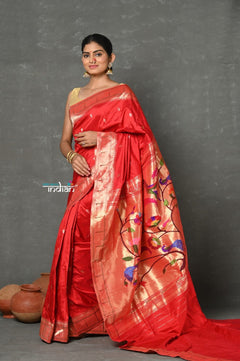 Tyohaar~Designed By VMI ~ Handloom Pure Silk Muniya Borde with Peacock Parrot Pallu in Bright Red - verymuchindian.com