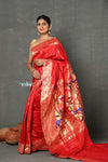 Tyohaar~Designed By VMI ~ Handloom Pure Silk Muniya Borde with Peacock Parrot Pallu in Bright Red - verymuchindian.com