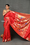 Tyohaar~Designed By VMI ~ Handloom Pure Silk Muniya Borde with Peacock Parrot Pallu in Bright Red - verymuchindian.com