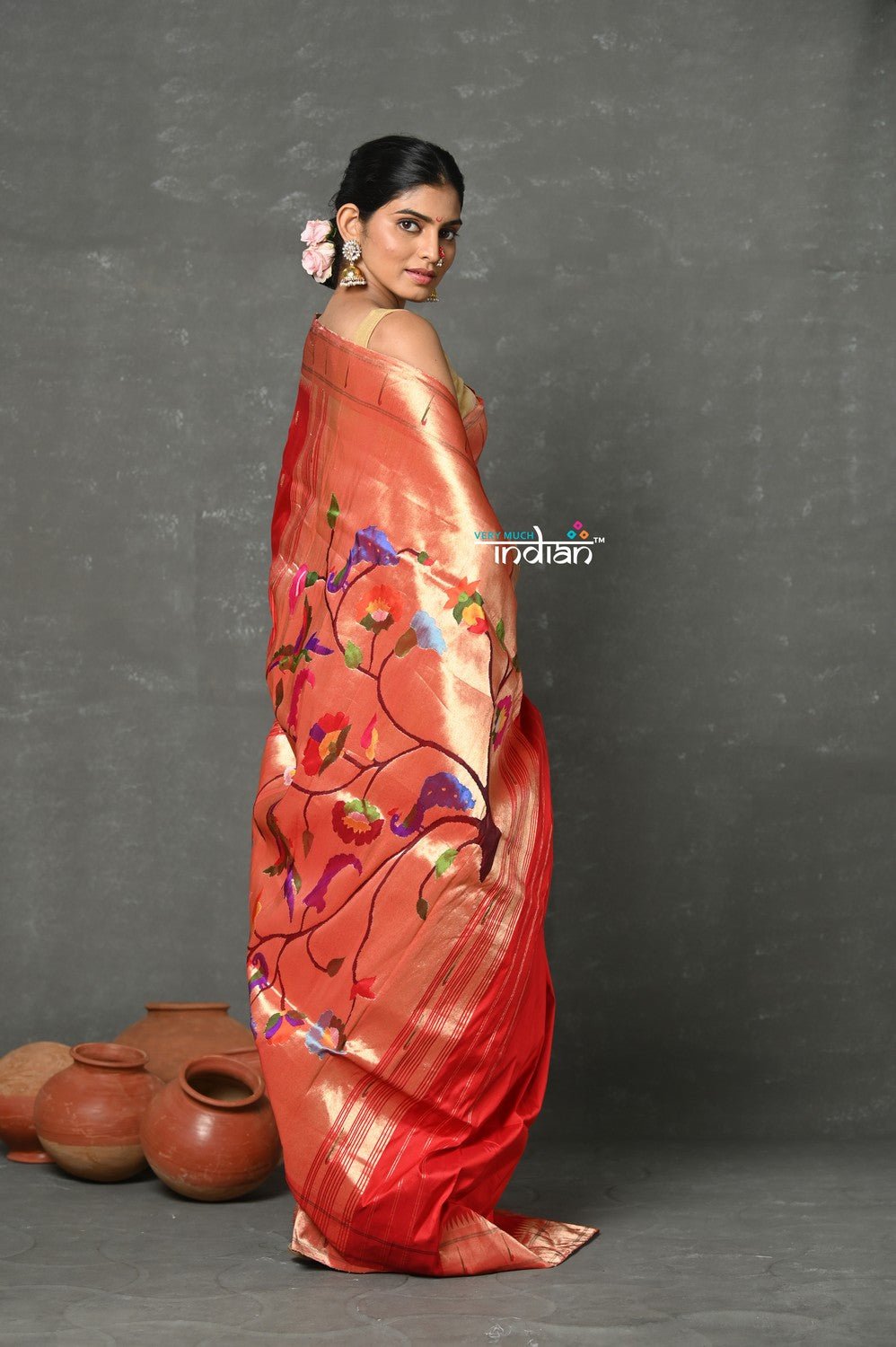 Tyohaar~Designed By VMI ~ Handloom Pure Silk Muniya Borde with Peacock Parrot Pallu in Bright Red - verymuchindian.com