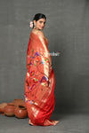 Tyohaar~Designed By VMI ~ Handloom Pure Silk Muniya Borde with Peacock Parrot Pallu in Bright Red - verymuchindian.com