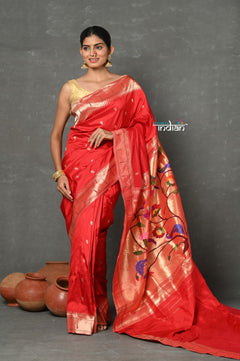 Tyohaar~Designed By VMI ~ Handloom Pure Silk Muniya Borde with Peacock Parrot Pallu in Bright Red - verymuchindian.com