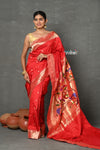 Tyohaar~Designed By VMI ~ Handloom Pure Silk Muniya Borde with Peacock Parrot Pallu in Bright Red - verymuchindian.com