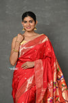 Tyohaar~Designed By VMI ~ Handloom Pure Silk Muniya Borde with Peacock Parrot Pallu in Bright Red - verymuchindian.com