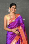 Tyohaar~Designed By VMI ~ Handloom Pure Silk Muniya Border Brocade with Floral Parrot Pallu in Purple Pink - verymuchindian.com