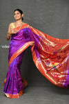 Tyohaar~Designed By VMI ~ Handloom Pure Silk Muniya Border Brocade with Floral Parrot Pallu in Purple Pink - verymuchindian.com