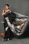 Tyohaar~Designed By VMI ~ Handloom Pure Silk Silver Zari Muniya Border with Exclusiive Deer Pallu in Black - verymuchindian.com