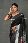 Tyohaar~Designed By VMI ~ Handloom Pure Silk Silver Zari Muniya Border with Exclusiive Deer Pallu in Black - verymuchindian.com