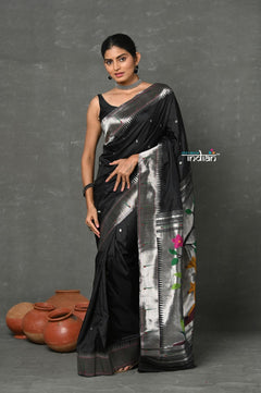 Tyohaar~Designed By VMI ~ Handloom Pure Silk Silver Zari Muniya Border with Exclusiive Deer Pallu in Black - verymuchindian.com