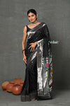 Tyohaar~Designed By VMI ~ Handloom Pure Silk Silver Zari Muniya Border with Exclusiive Deer Pallu in Black - verymuchindian.com