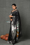 Tyohaar~Designed By VMI ~ Handloom Pure Silk Silver Zari Muniya Border with Exclusiive Deer Pallu in Black - verymuchindian.com