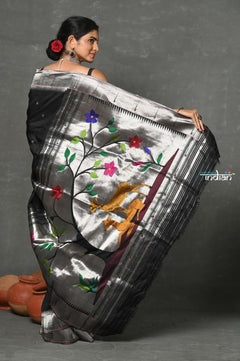 Tyohaar~Designed By VMI ~ Handloom Pure Silk Silver Zari Muniya Border with Exclusiive Deer Pallu in Black - verymuchindian.com