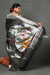 Tyohaar~Designed By VMI ~ Handloom Pure Silk Silver Zari Muniya Border with Exclusiive Deer Pallu in Black - verymuchindian.com